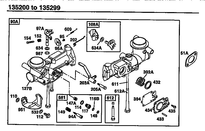 Carburetor Assembly Diagram and Parts List for 135200-135299 0001-0013 Briggs and Stratton Engine
